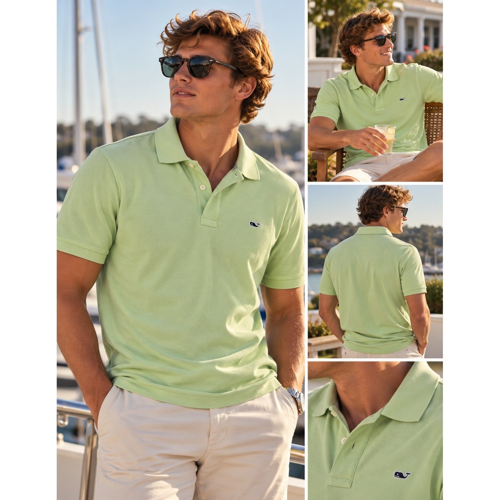 Vineyard Vines Classic Polo Men's M Classic Green Cotton Short Sleeve Whale Logo